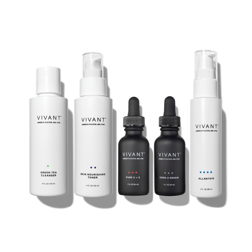 Example Vivant Skin Care regimen with cleanser, toner, antioxidant serum, retinoid serum, and moisturizer